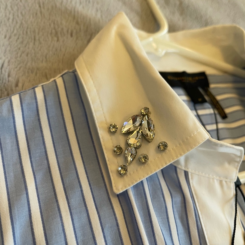 DKNY Blue and White Shirt with Crystal Embellishments NWT